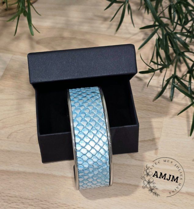 Bracelet manchette 20 mm Cuir bleu 